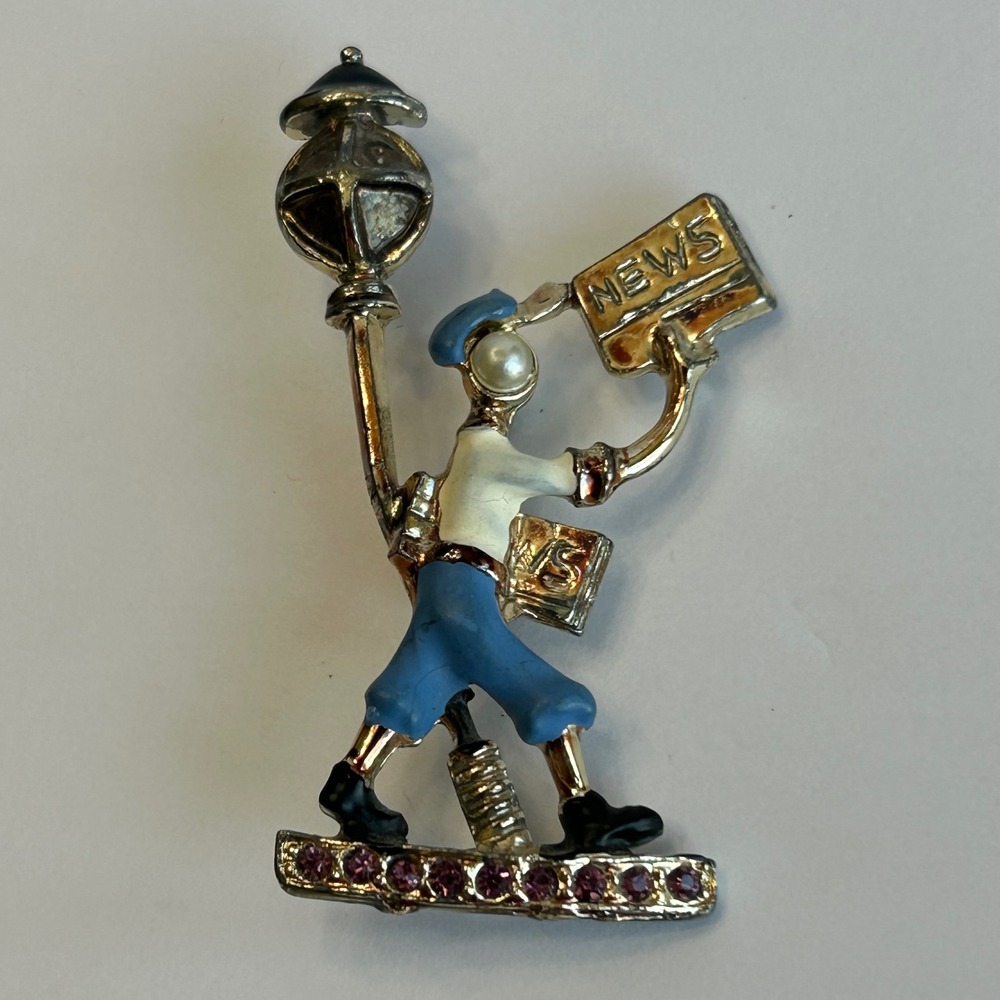 Vintage Newsboy Brooch Gold Tone Enamel Faux Pearl Rhinestone Paperboy Pin 2"